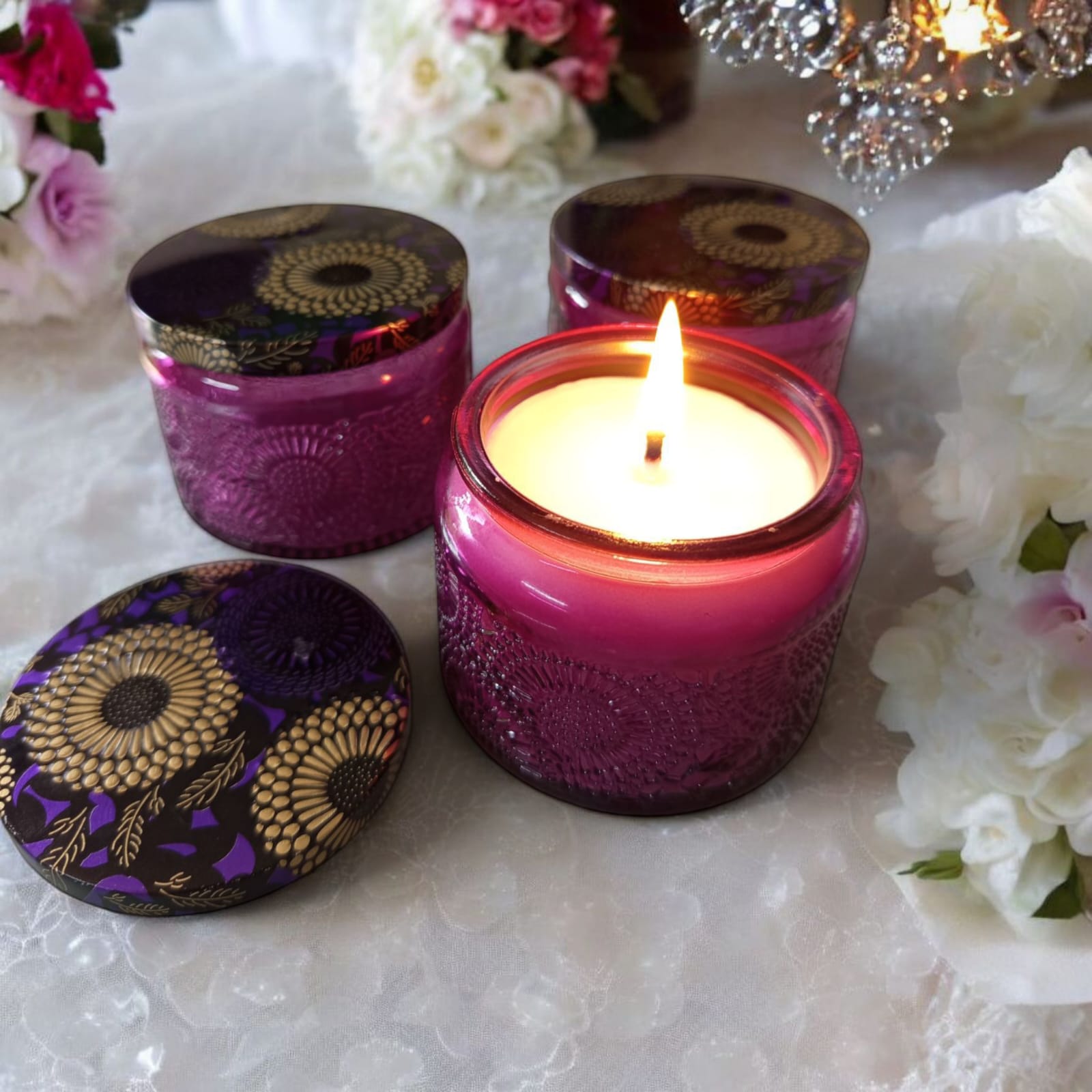 VELA AROMÁTICA POTE DE VIDRO INDIANO 100ML COM TAMPA MANDALA - ROXO