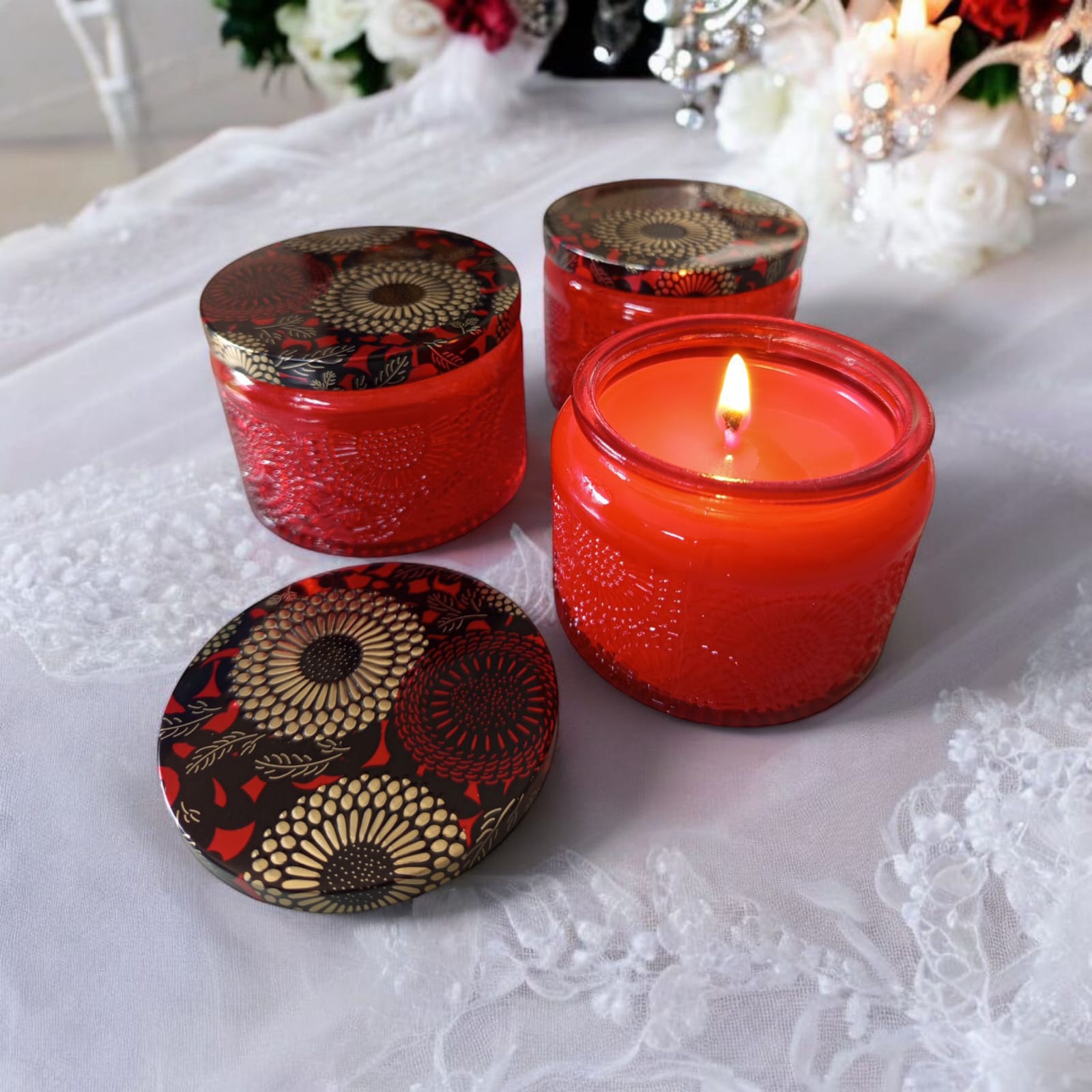 VELA AROMÁTICA POTE DE VIDRO INDIANO 100ML COM TAMPA MANDALA - VERMELHO