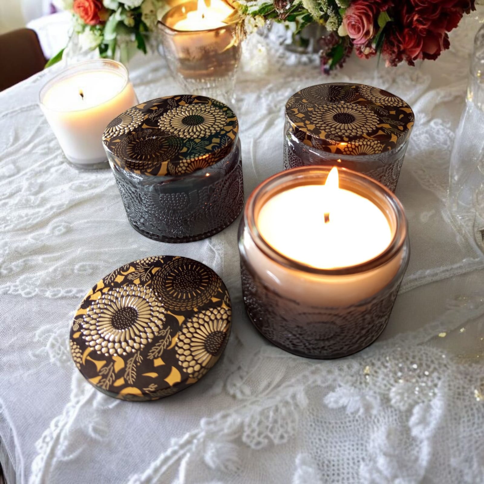 VELA AROMÁTICA POTE DE VIDRO INDIANO 100ML COM TAMPA MANDALA- PRETO