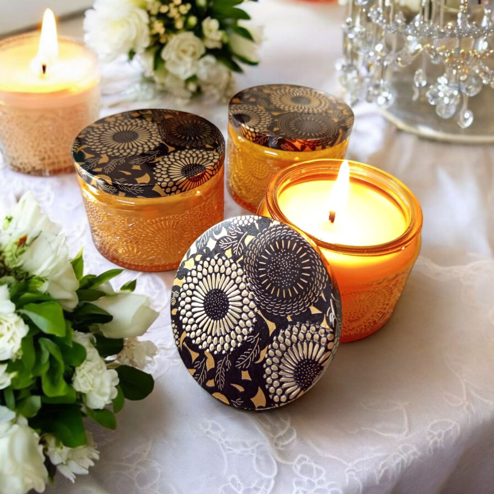 VELA AROMÁTICA POTE DE VIDRO INDIANO 100ML COM TAMPA MANDALA- LARANJA